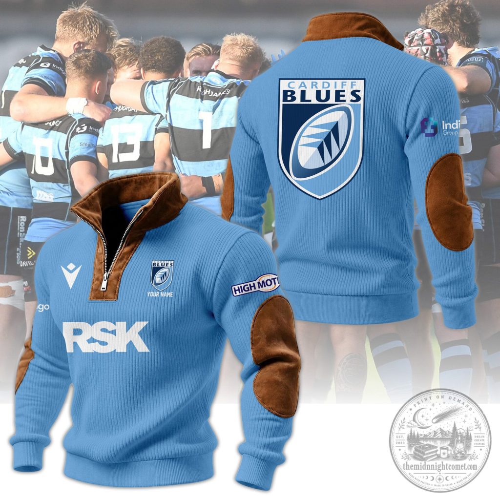 Cardiff Blues Rugby Quarter Zip Ribbed Sweater with Elbow Patches Cardiff Blues Rugby Quarter Zip Ribbed Sweater with Elbow Patches