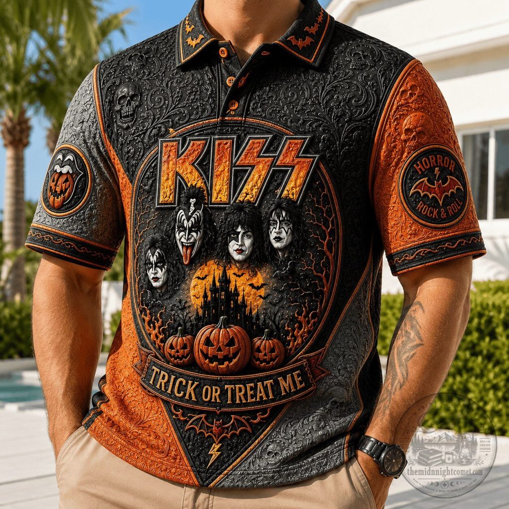 KISS Band Halloween Trick or Treat Me Horror Rock and Roll Polo Shirt KISS Band Halloween Trick or Treat Me Horror Rock and Roll Polo Shirt
