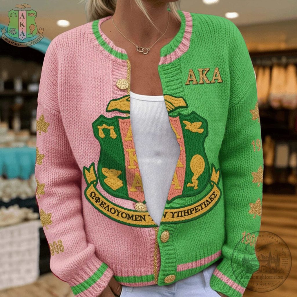 Alpha Kappa Alpha Sorority Pink and Green Cardigan Sweater with Gold Buttons Alpha Kappa Alpha Sorority Pink and Green Cardigan Sweater with Gold Buttons