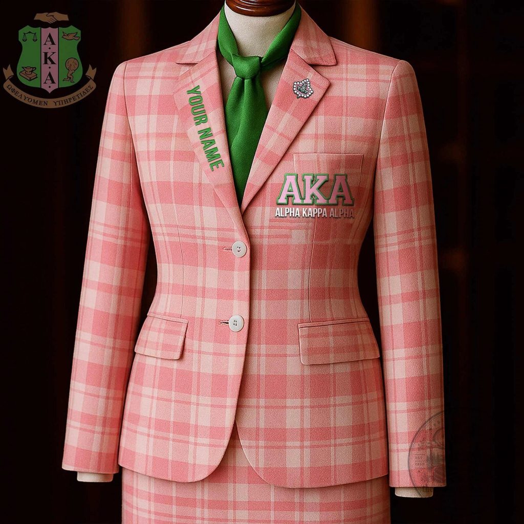 Alpha Kappa Alpha Plaid Blazer Skirt Suit with Custom Name and Brooch Alpha Kappa Alpha Plaid Blazer Skirt Suit with Custom Name and Brooch