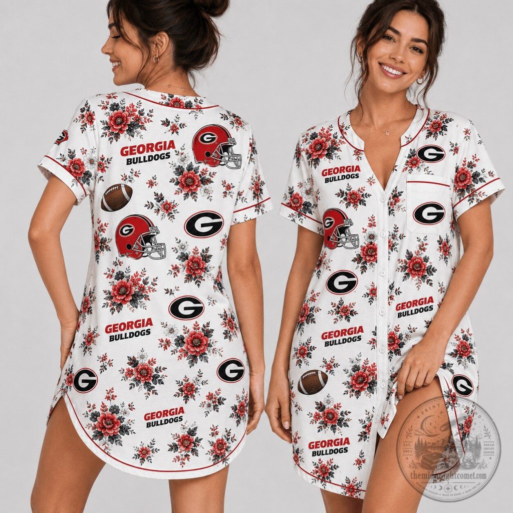 Georgia Bulldogs Floral Football Helmet Women's Button-Up Pajama Dress Georgia Bulldogs Floral Football Helmet Women's Button-Up Pajama Dress