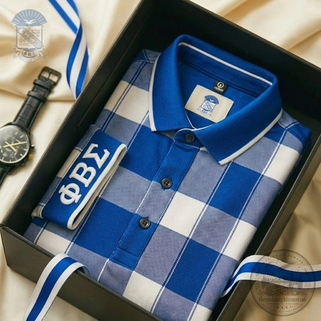 Phi Beta Sigma Blue and White Plaid Polo Shirt Phi Beta Sigma Blue and White Plaid Polo Shirt