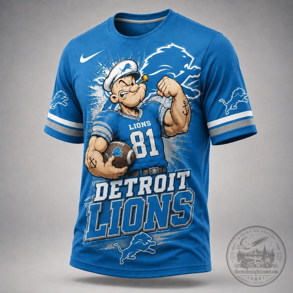 Detroit Lions Popeye Football Player Cartoon Graphic T-Shirt Detroit Lions Popeye Football Player Cartoon Graphic T-Shirt