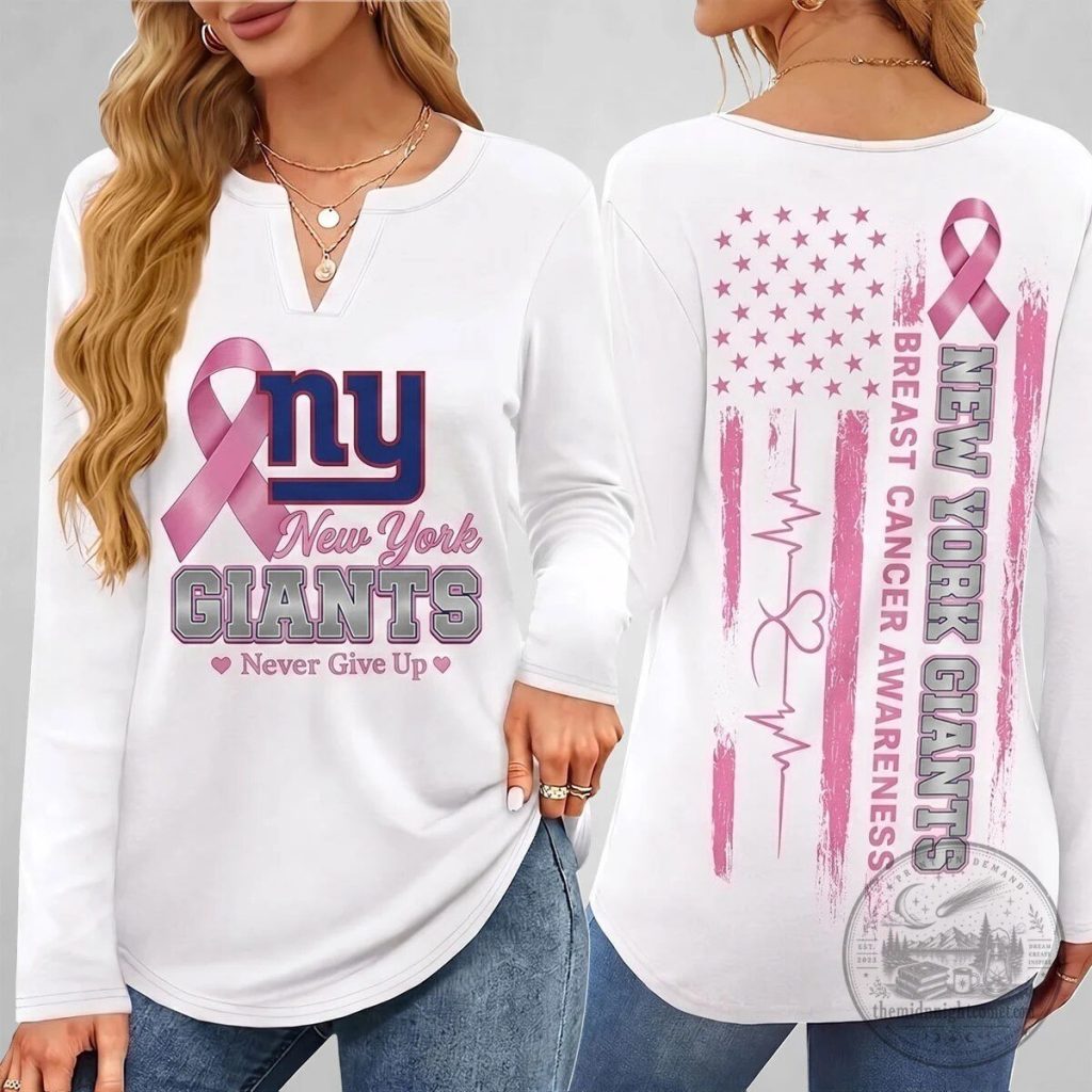 New York Giants Breast Cancer Awareness Never Give Up Long Sleeve Shirt New York Giants Breast Cancer Awareness Never Give Up Long Sleeve Shirt