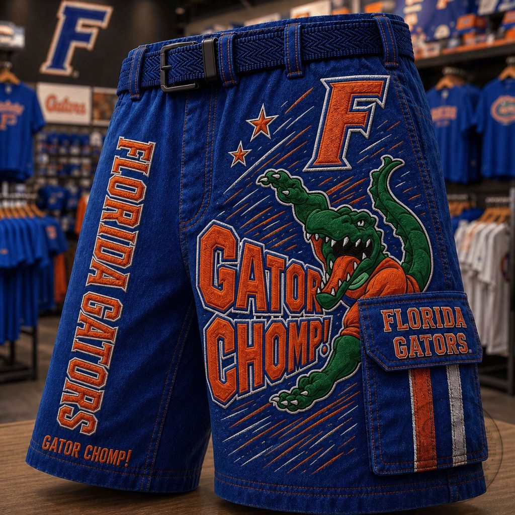 Florida Gators Gator Chomp Blue Casual Cargo Shorts with Belt Florida Gators Gator Chomp Blue Casual Cargo Shorts with Belt
