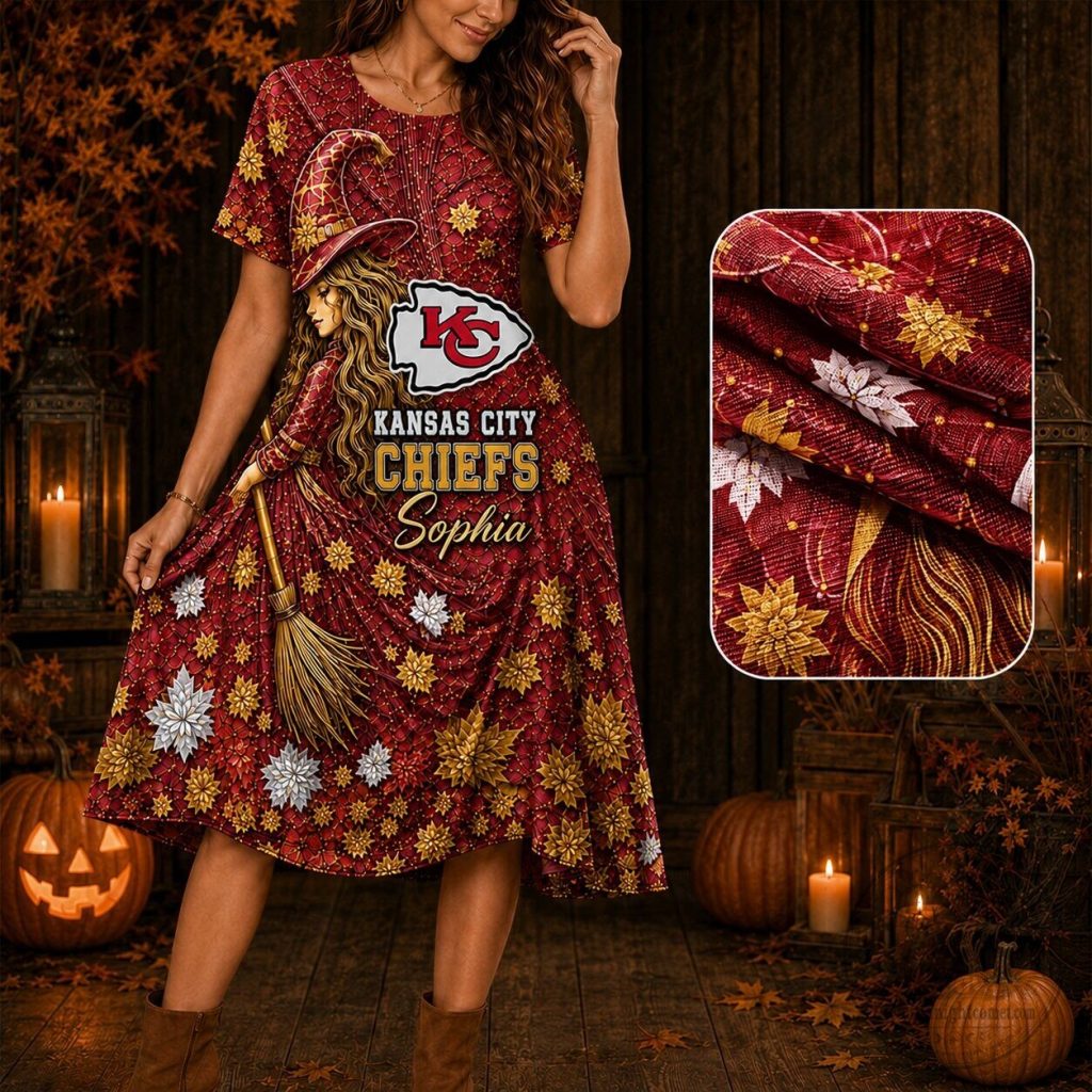 Kansas City Chiefs Halloween Witch Floral Short Sleeve Dress Kansas City Chiefs Halloween Witch Floral Short Sleeve Dress