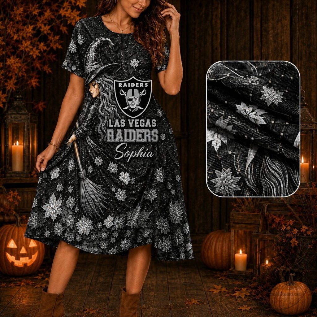 Las Vegas Raiders Premium NFL Halloween Witch Floral Short Sleeve Dress TD Las Vegas Raiders | Premium NFL Halloween Witch Floral Short Sleeve Dress TD