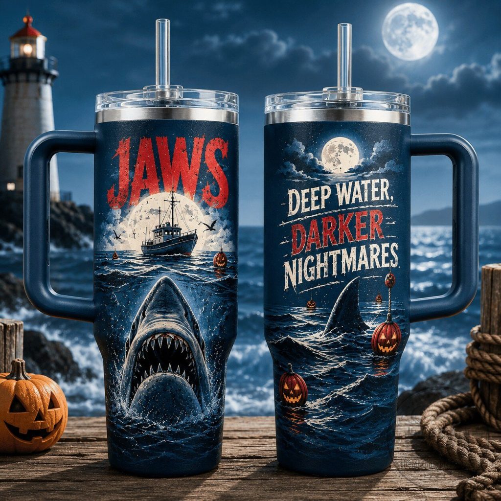 Jaws Deep Water Darker Nightmares Halloween Movie Tumbler with Handle Jaws Deep Water Darker Nightmares Halloween Movie Tumbler with Handle