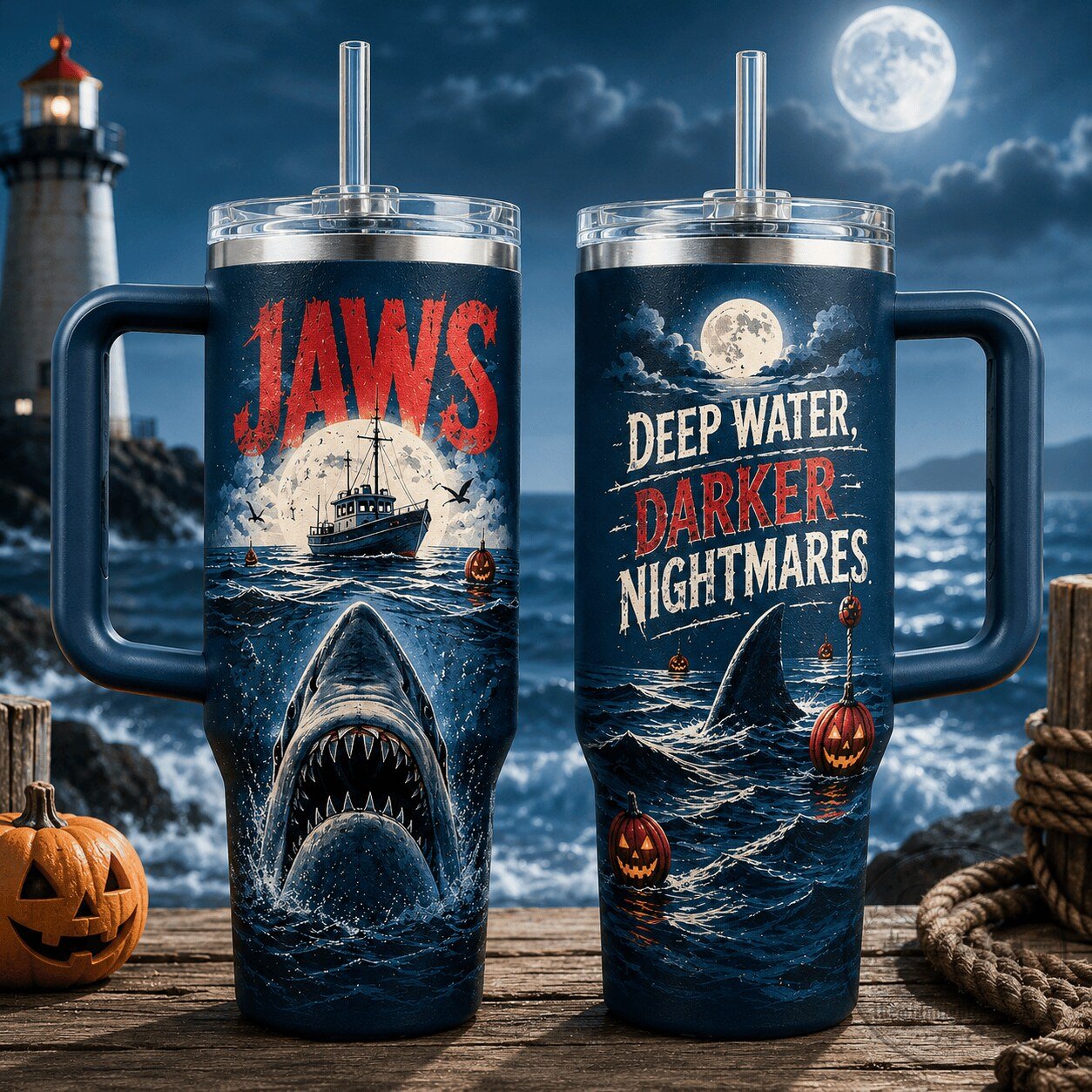 Jaws Deep Water Darker Nightmares Halloween Movie Tumbler with Handle