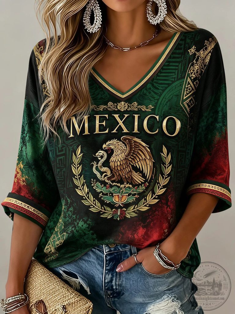 Mexico National Football Team Crest Women's V-Neck T-Shirt