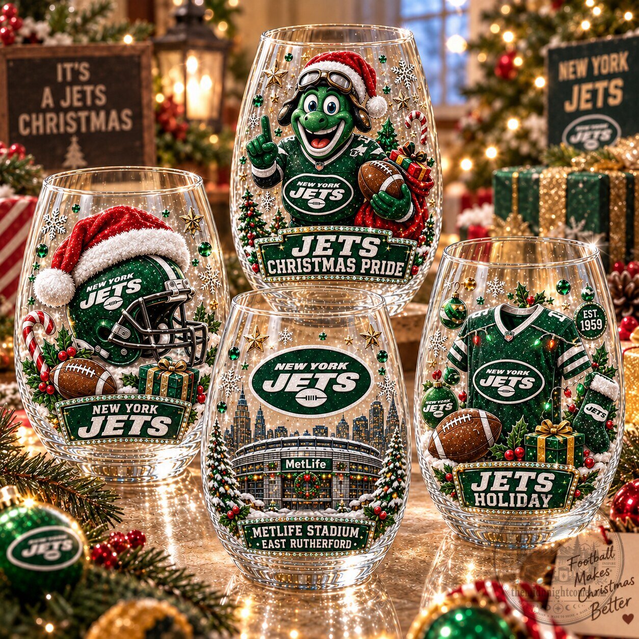 New York Jets Christmas Stemless Wine Glass Set, Football Holiday Drinking Glasses