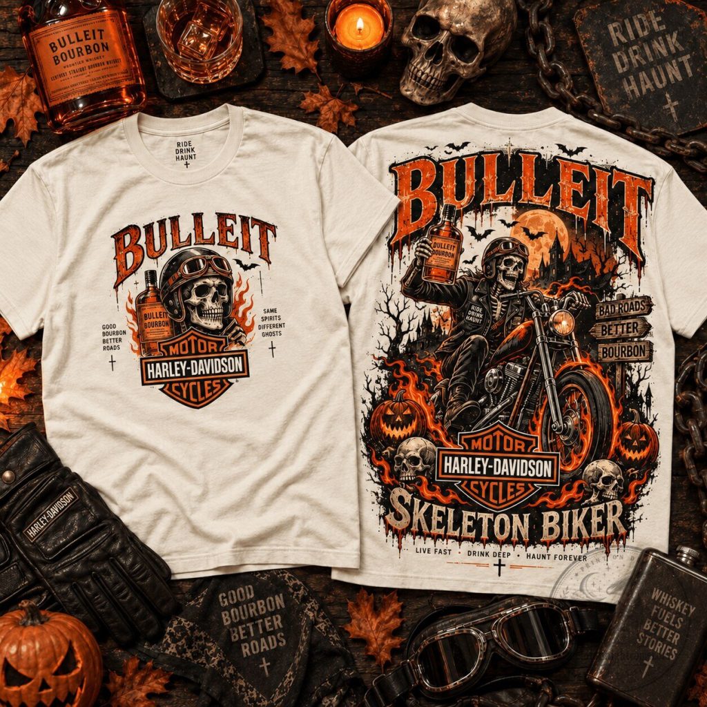 Harley Davidson Skeleton Biker Bulleit Bourbon Halloween Graphic T-Shirt Harley Davidson Skeleton Biker Bulleit Bourbon Halloween Graphic T-Shirt