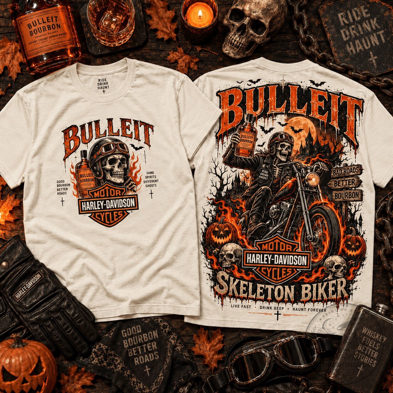 Harley Davidson Skeleton Biker Bulleit Bourbon Halloween Graphic T-Shirt