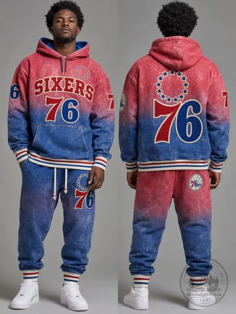 Philadelphia 76ers Vintage Distressed Red and Blue Hoodie Sweatshirt