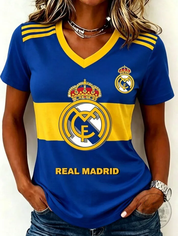 Real Madrid Football Club Women's Blue and Yellow Striped V-Neck T-Shirt