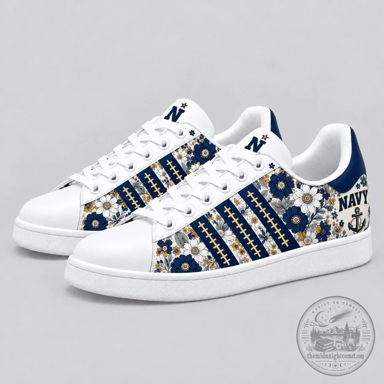 Navy Midshipmen Floral Print Custom Sneakers