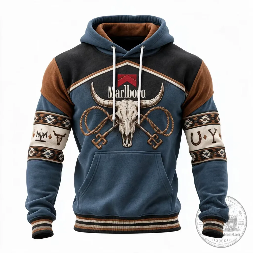 Marlboro Cowboy Skull Western Style Graphic Print Hoodie Marlboro Cowboy Skull Western Style Graphic Print Hoodie