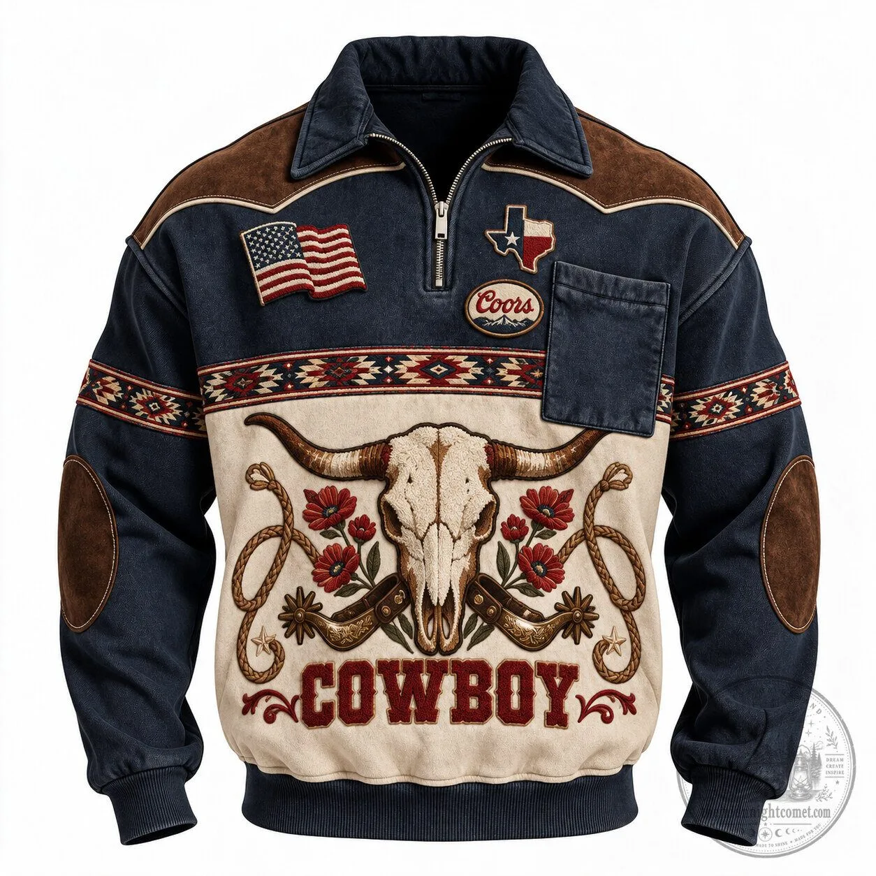 Western Cowboy Skull Coors Beer American Flag Half-Zip Long-Sleeve Sweatshirt