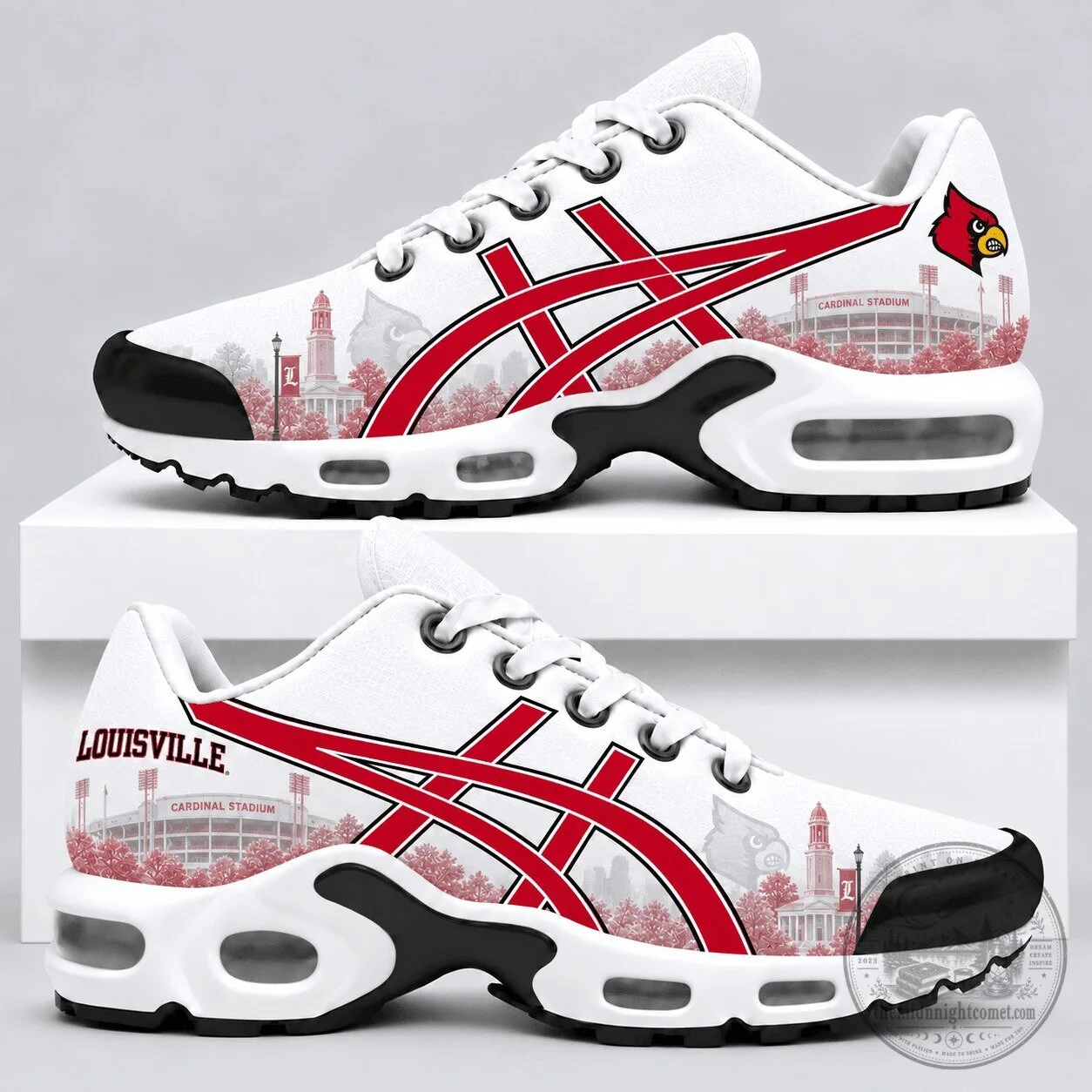Louisville Cardinals Red and White Cardinal Stadium Design Sneakers