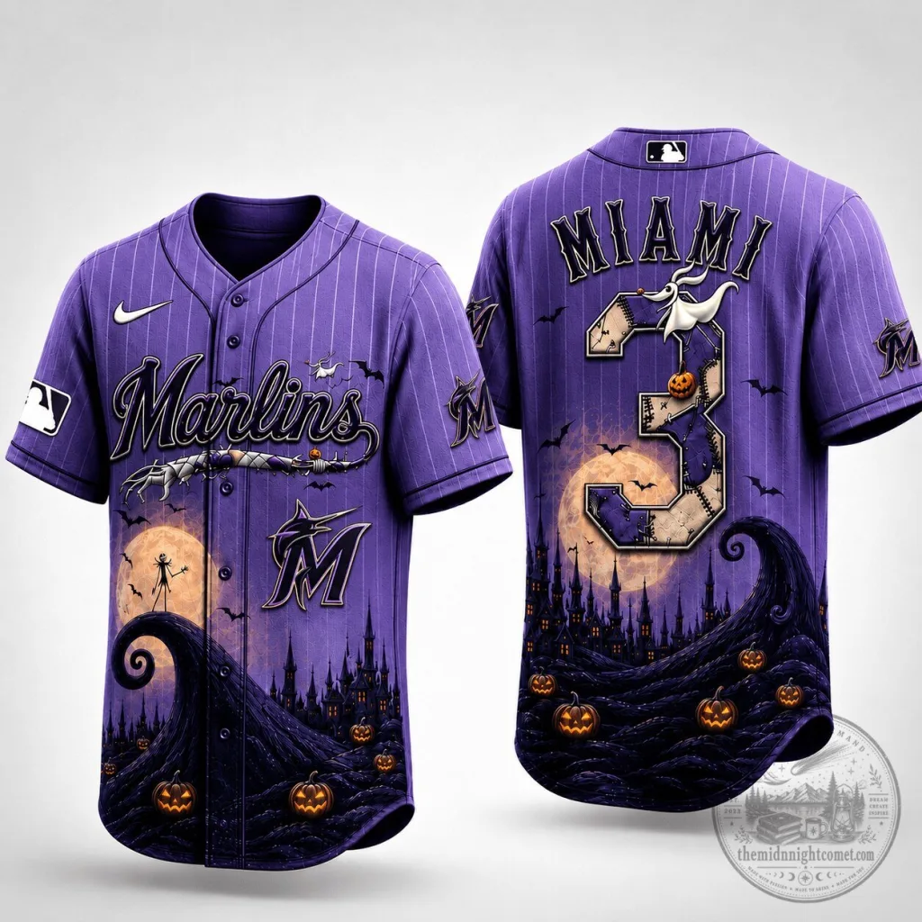 Miami Marlins Baseball Halloween Jersey, Spooky Night Purple Pinstripe Miami Marlins Baseball Halloween Jersey, Spooky Night Purple Pinstripe