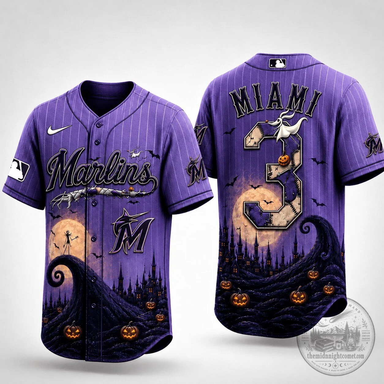Miami Marlins Baseball Halloween Jersey, Spooky Night Purple Pinstripe