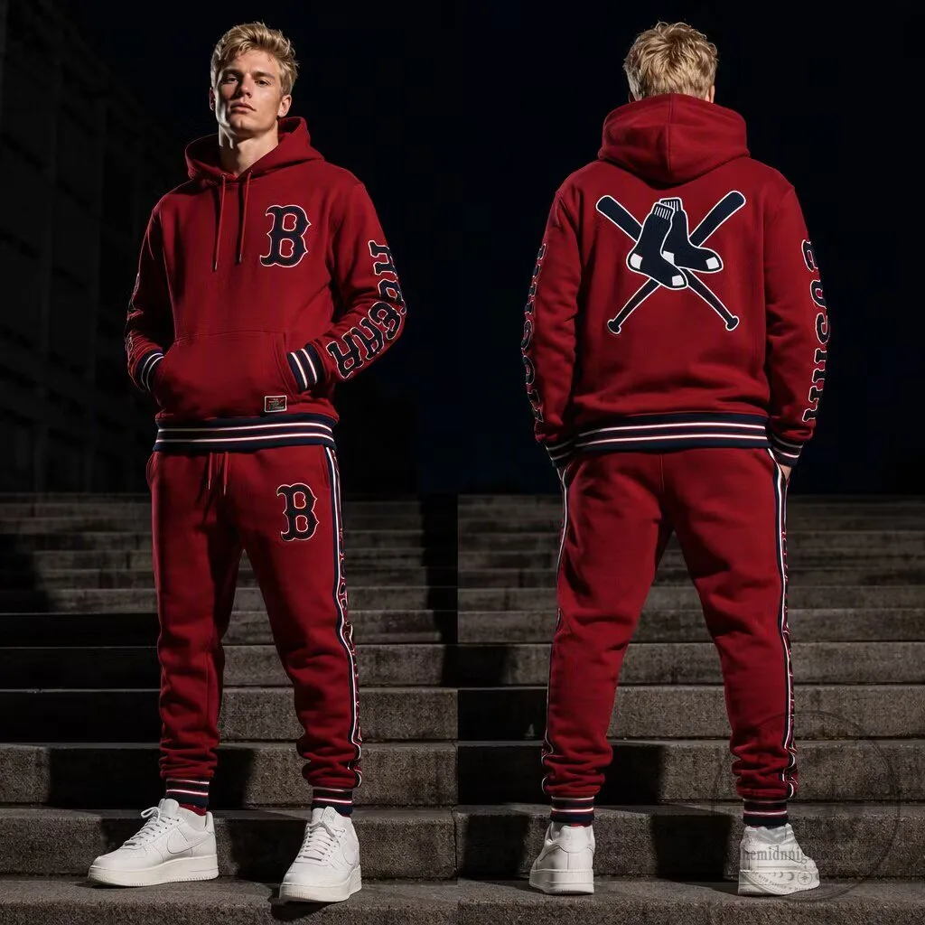 Boston Red Sox Men's Red Striped Ribbed Trim Pullover Hoodie and Sweatpants Set