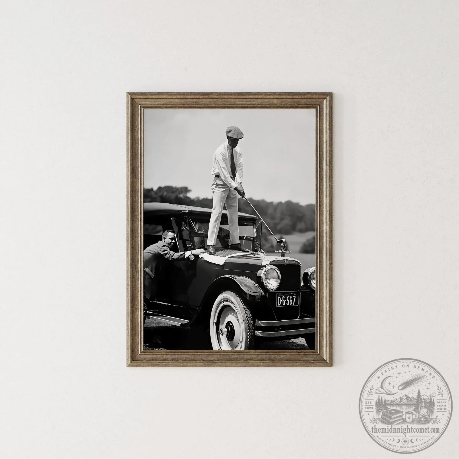 Vintage Golfer Teeing on Car Wall Art Print, Black and White Golf Canvas Poster