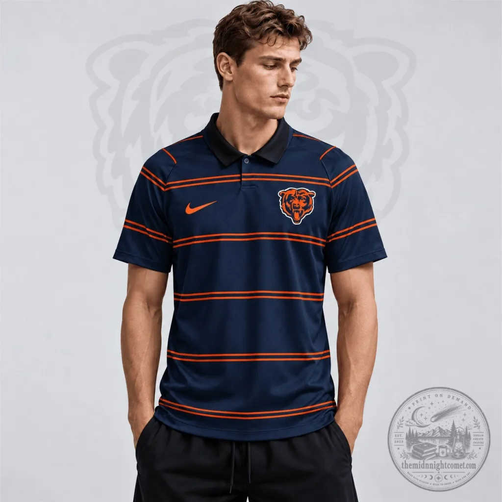Chicago Bears NFL Team Crest Classic Horizontal Stripe Performance Polo Shirt Chicago Bears NFL Team Crest Classic Horizontal Stripe Performance Polo Shirt
