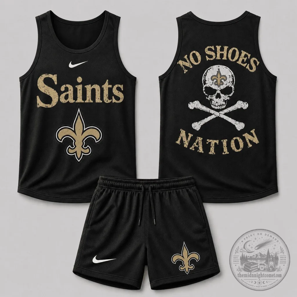 New Orleans Saints Football Team Skull Crossbones Sleeveless Tank Top and Shorts Set New Orleans Saints Football Team Skull Crossbones Sleeveless Tank Top and Shorts Set