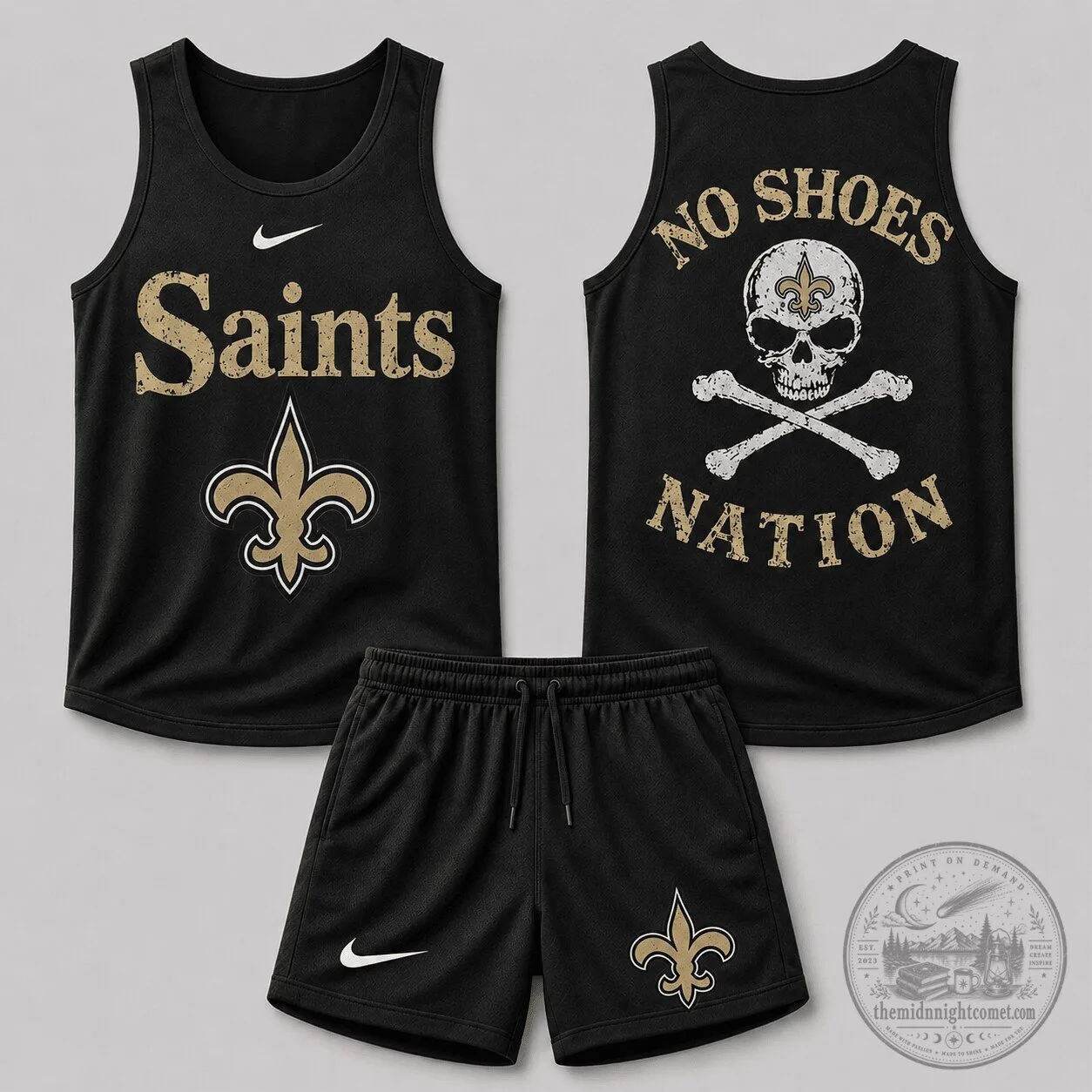 New Orleans Saints Football Team Skull Crossbones Sleeveless Tank Top and Shorts Set
