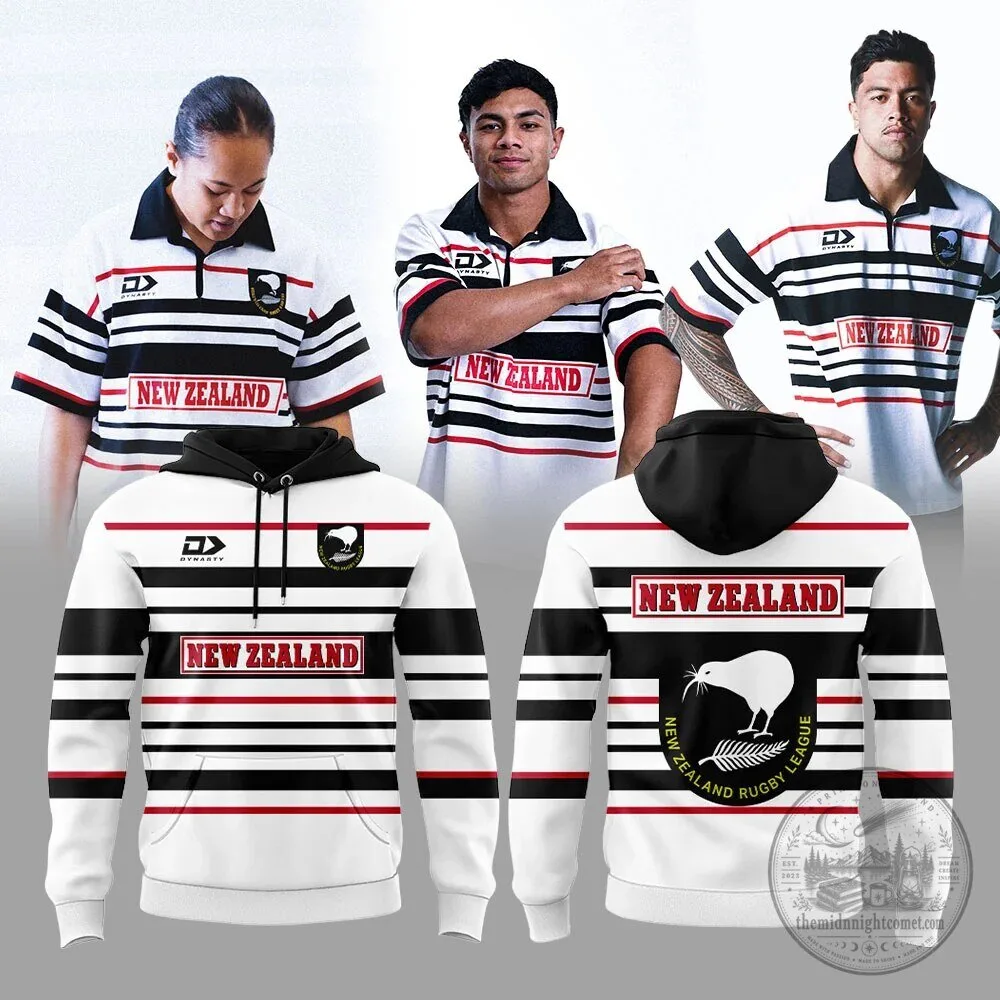 New Zealand Rugby League Kiwis Retro Striped Black And White Hoodie