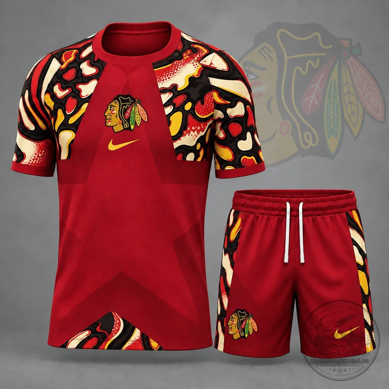 Chicago Blackhawks NHL Abstract Camouflage Star Panel Hockey Jersey and Shorts Set
