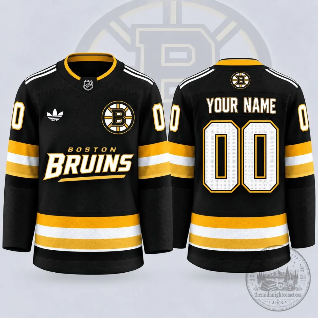 Boston Bruins Personalized Black and Gold Striped Ice Hockey Jersey