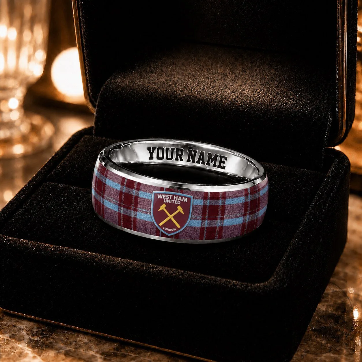 West Ham United Football Club Plaid Pattern Personalized Custom Name Ring