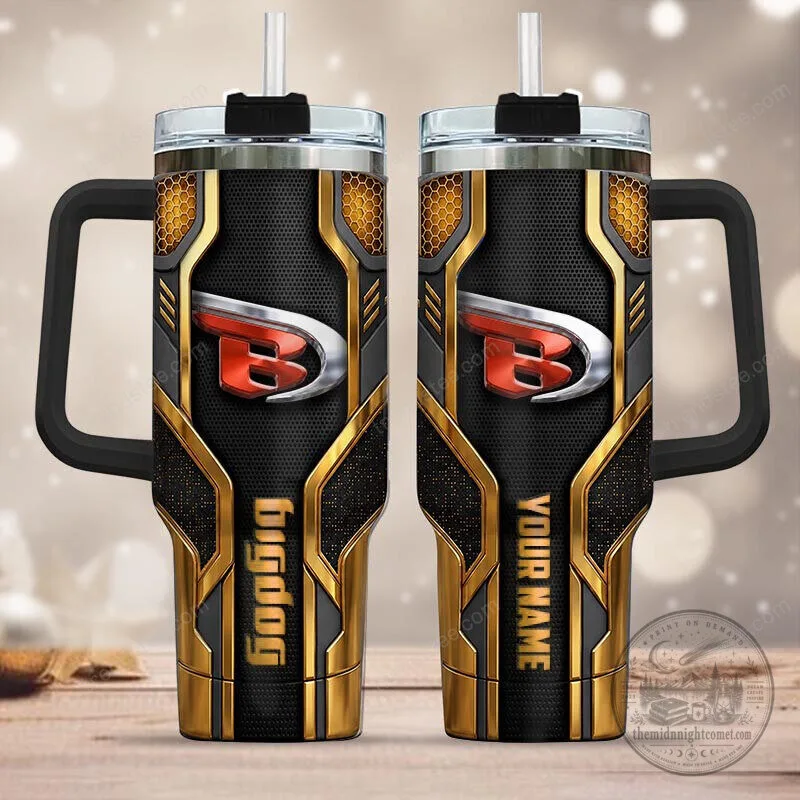 Big Dog Motorcycles Logo Black and Gold Custom Name Tumbler with Handle