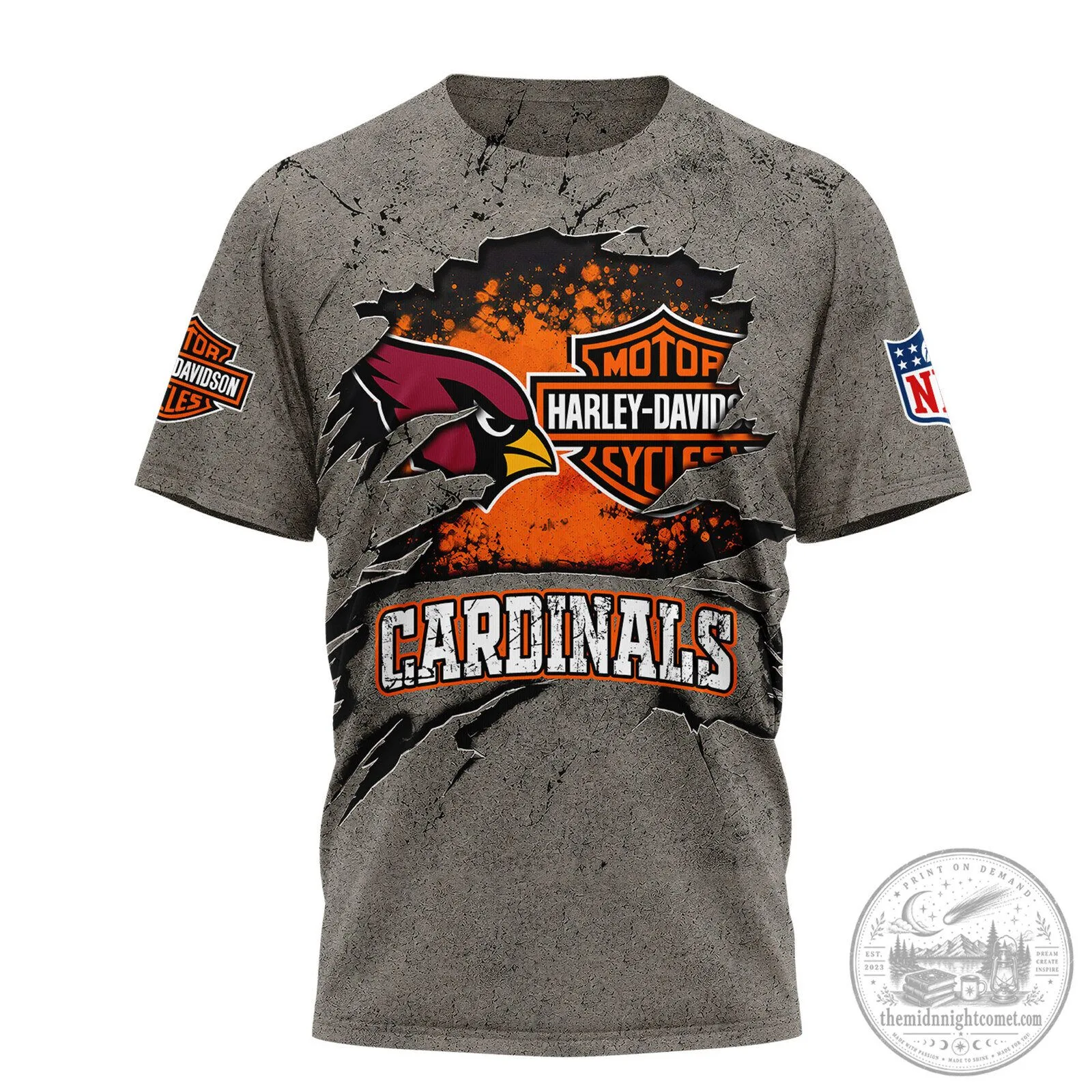 New York Mets Baseball Team Personalized Whiskey Glass 7 Arizona Cardinals Harley-Davidson Motorcycle Logo Gray Distressed T-Shirt