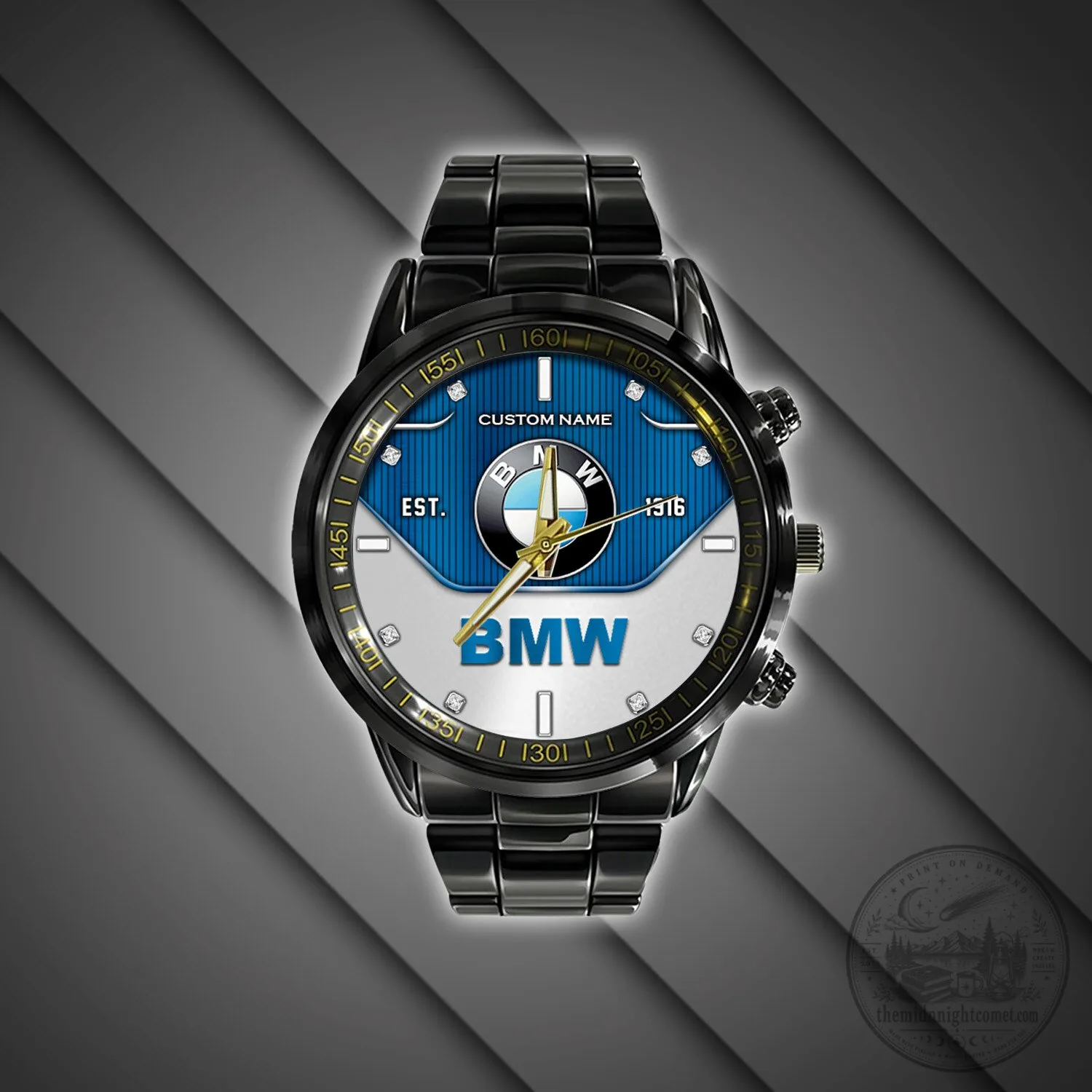 BMW Blue and White Logo Custom Name Black Stainless Steel Watch