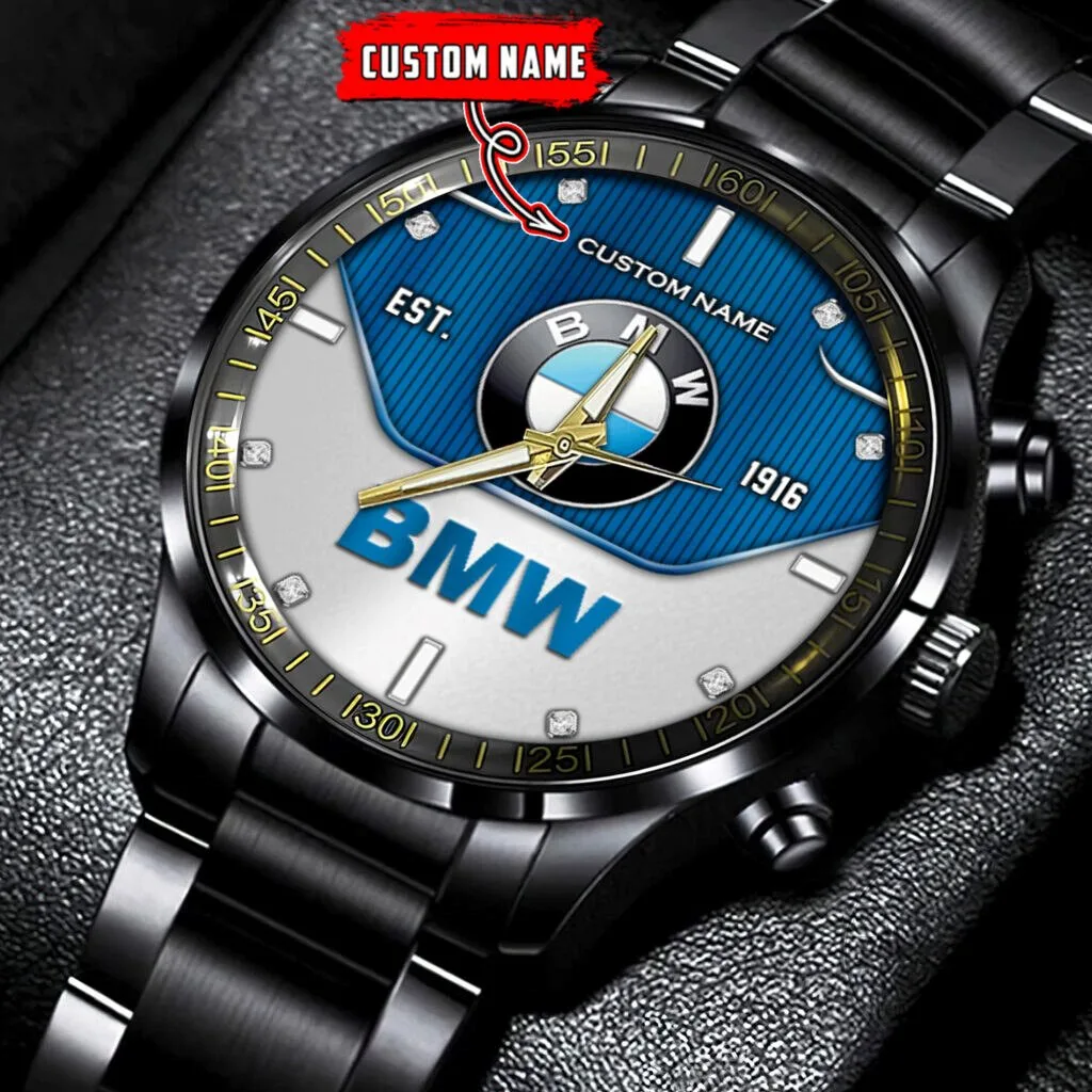 BMW Blue and White Logo Custom Name Black Stainless Steel Watch 6 BMW Blue and White Logo Custom Name Black Stainless Steel Watch