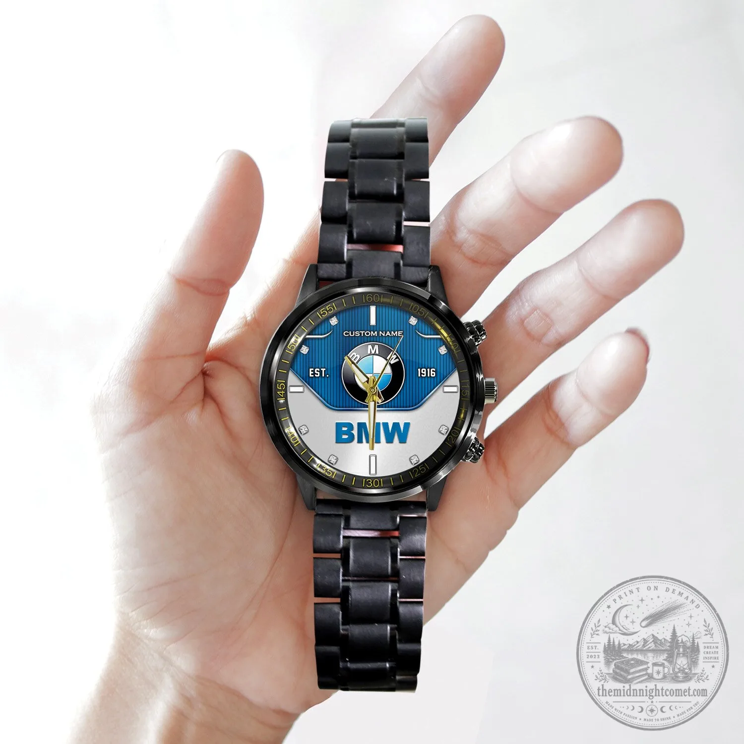 BMW Blue and White Logo Custom Name Black Stainless Steel Watch 8 BMW Blue and White Logo Custom Name Black Stainless Steel Watch