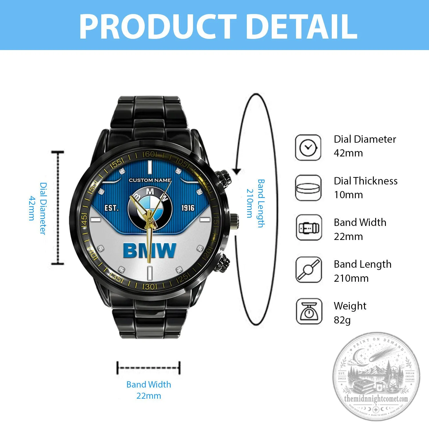 BMW Blue and White Logo Custom Name Black Stainless Steel Watch 9 BMW Blue and White Logo Custom Name Black Stainless Steel Watch
