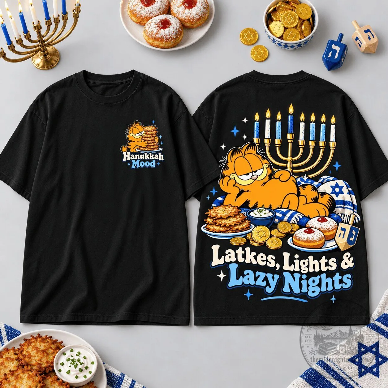 Garfield Hanukkah Latkes Lights and Lazy Nights Black T-Shirt