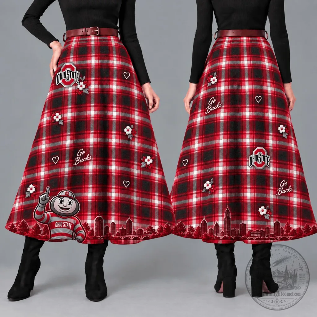 Ohio State Buckeyes Women's Plaid Maxi Skirt with Brutus Buckeye Design Ohio State Buckeyes Women's Plaid Maxi Skirt with Brutus Buckeye Design