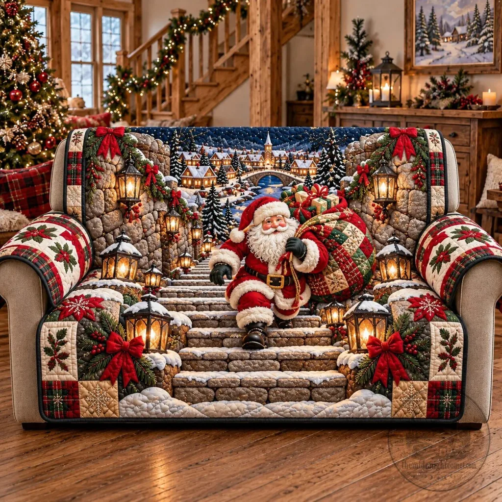 Stairway Santa Claus Christmas Holiday Quilted Sofa Cover Stairway Santa Claus Christmas Holiday Quilted Sofa Cover