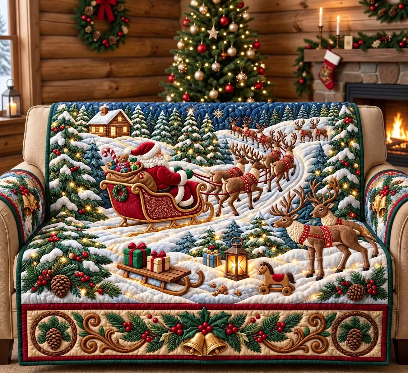 Detroit Lions NFL Team Pride Blue and White Samba Style Sneakers 3 Christmas Santa Sleigh Reindeer Forest Winter Scene Quilted Sofa Cover