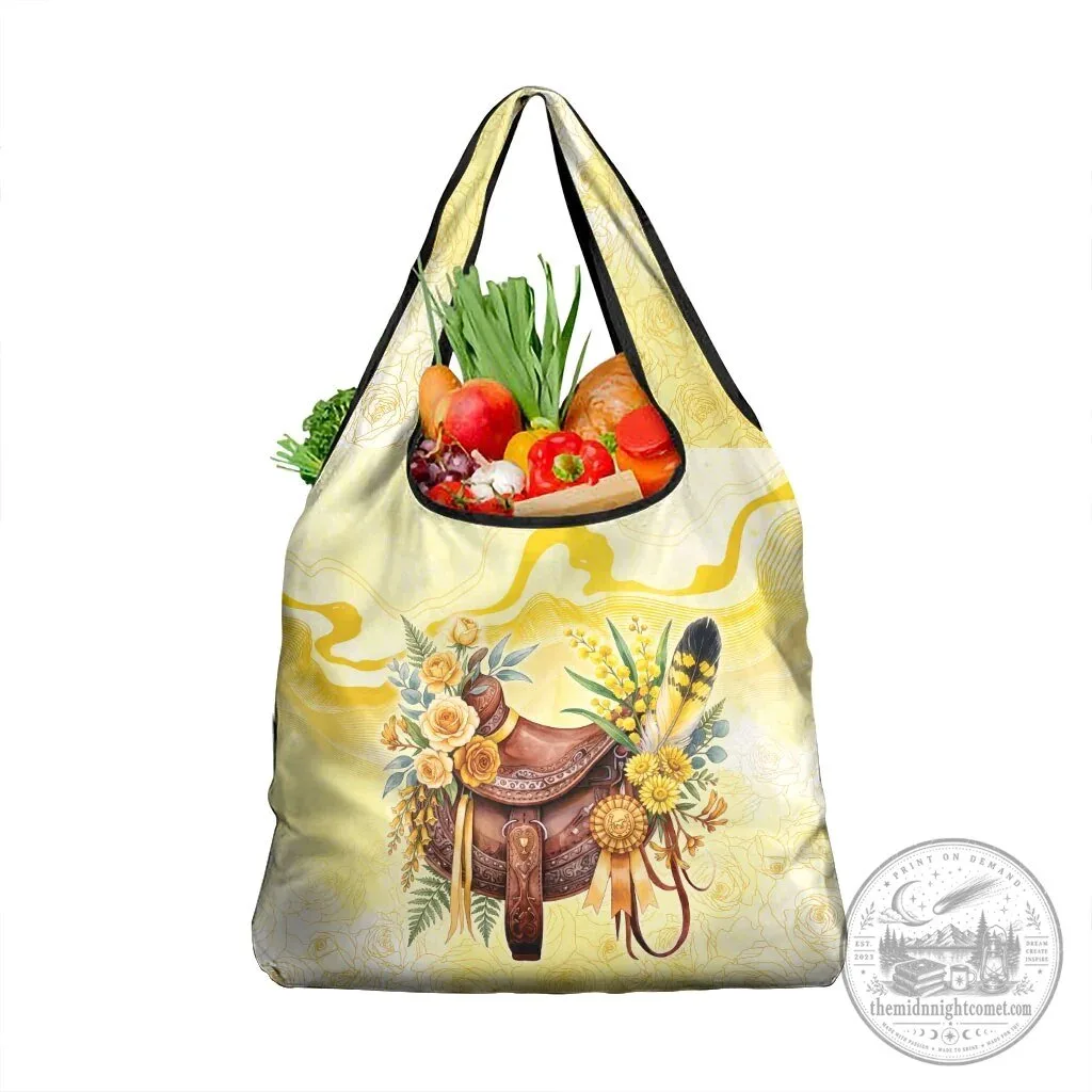 Yellow Rose and Wattle Flowers Horse Saddle Floral Reusable Grocery Bag