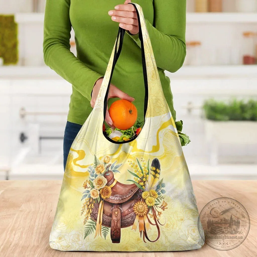 Yellow Rose and Wattle Flowers Horse Saddle Floral Reusable Grocery Bag 11 Yellow Rose and Wattle Flowers Horse Saddle Floral Reusable Grocery Bag