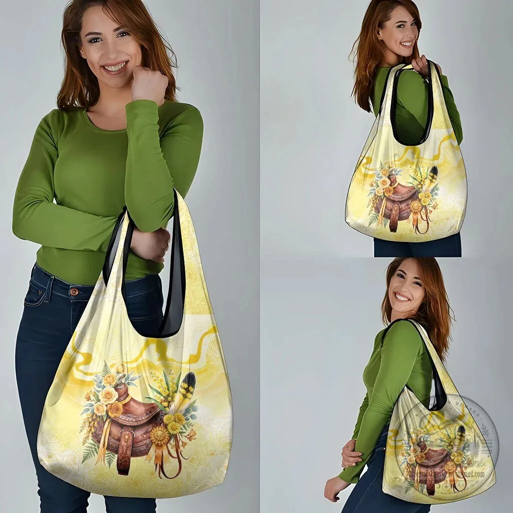 Yellow Rose and Wattle Flowers Horse Saddle Floral Reusable Grocery Bag 13 Yellow Rose and Wattle Flowers Horse Saddle Floral Reusable Grocery Bag