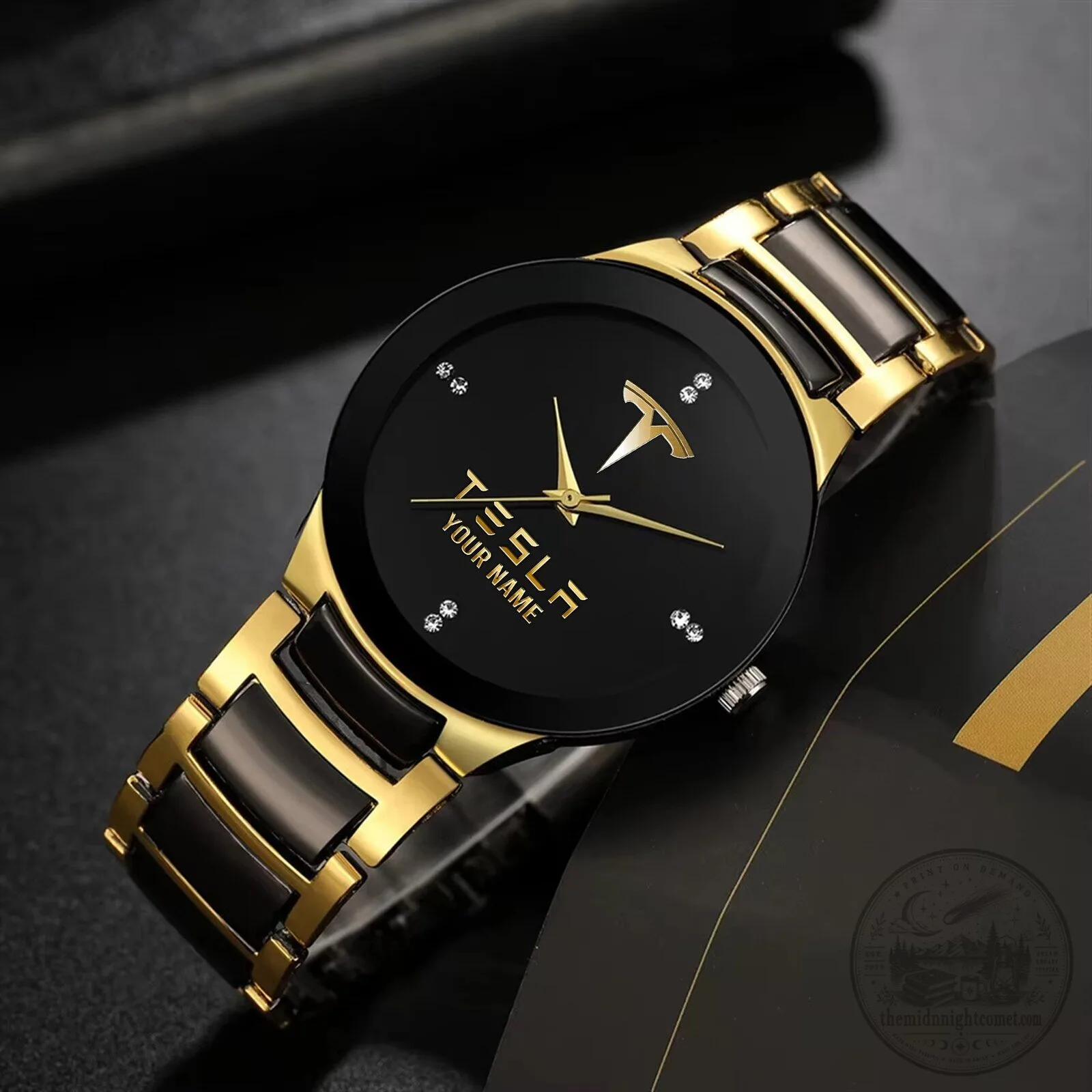 Tesla Custom Name Black and Gold Stainless Steel Quartz Watch for Men