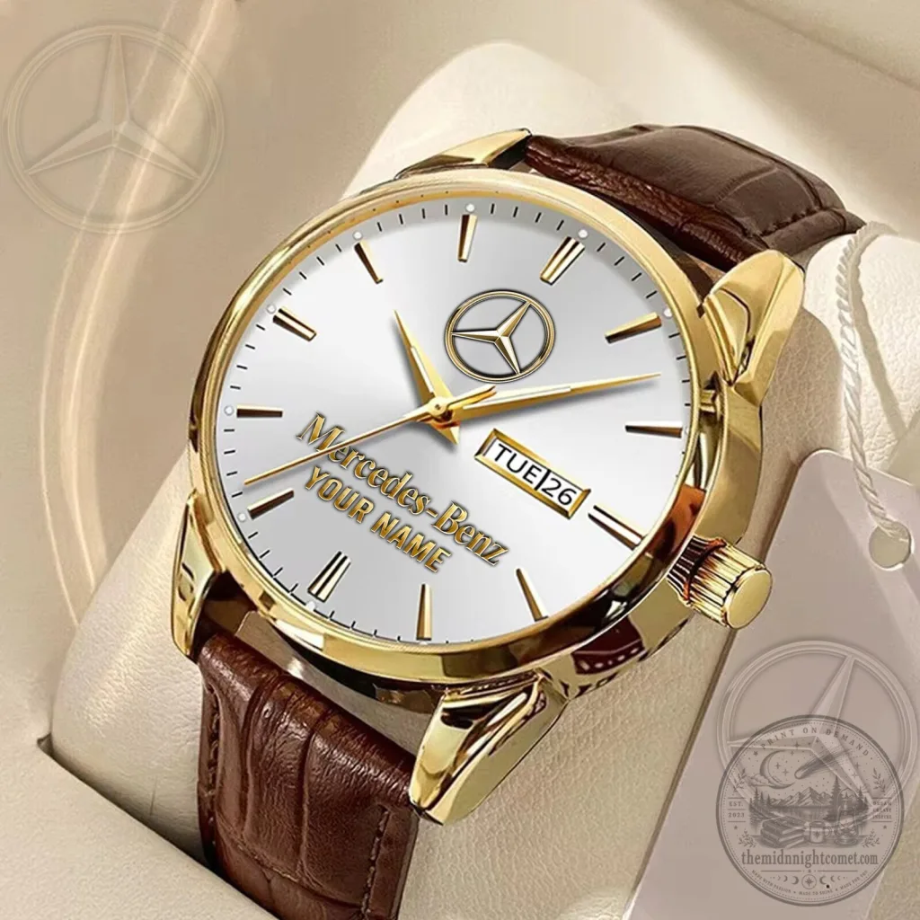 Mercedes-Benz Gold Tone Analog Watch with Leather Strap