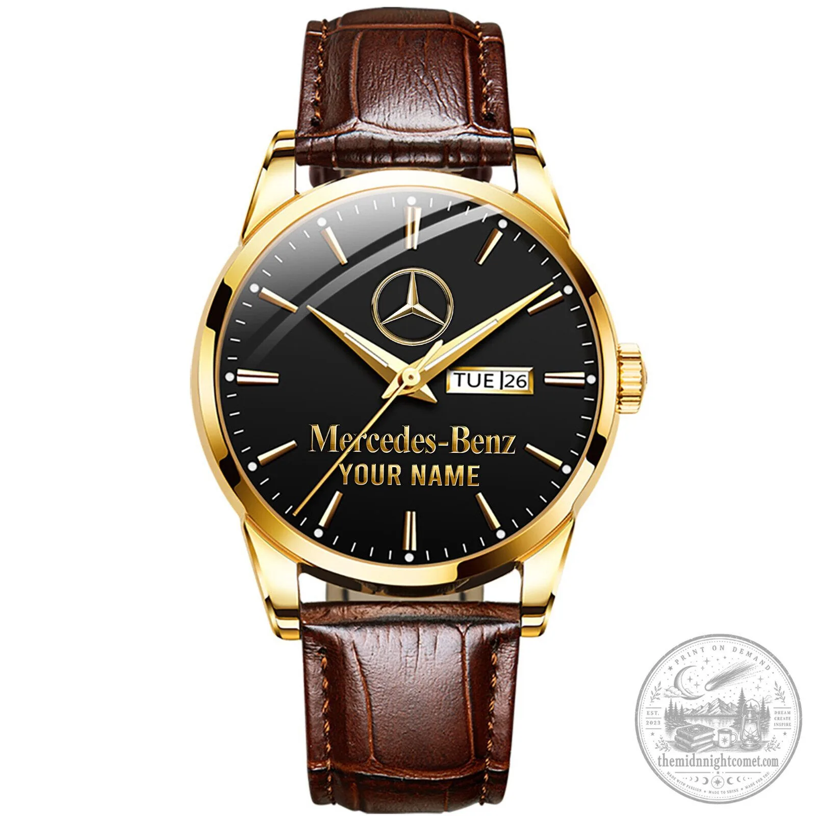 Mercedes-Benz Gold Tone Analog Watch with Leather Strap 12 Mercedes-Benz Gold Tone Analog Watch with Leather Strap